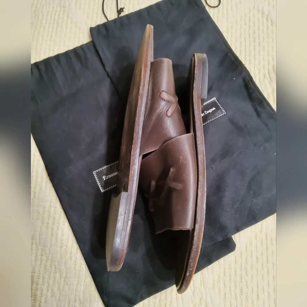 Ermenegildo Zegna Brown Leather Slides Size 10 with Dust Bags